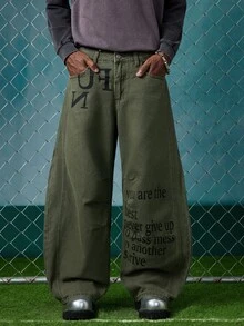 EVRINFINITE 1件 Infinite Jeans 美国休闲品牌 男士拼接印花喇叭裤，宽松舒适街头风阔腿裤（产品不含腰带和配饰） - 軍綠色 - 查看 2