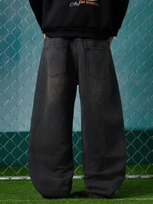 EVRINFINITE 1pc Justice Brother Vintage Washed Loose Wide-Leg Jeans, Fashionable & Versatile American Style Men Denim Pants - Light Grey - View 2