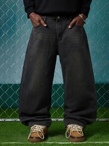 EVRINFINITE 1pc Justice Brother Vintage Washed Loose Wide-Leg Jeans, Fashionable & Versatile American Style Men Denim Pants - Light Grey - View 1