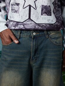 EVRINFINITE 1pc Men's Distressed Vintage Wash Loose Fit Patchwork Design Straight Leg Jeans (Belt And Accessories Not Included) - Blue Gray - View 6