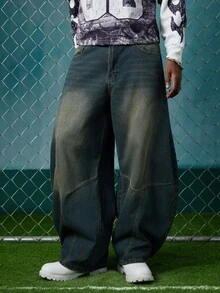 EVRINFINITE 1pc Men's Distressed Vintage Wash Loose Fit Patchwork Design Straight Leg Jeans (Belt And Accessories Not Included) - Blue Gray - View 4