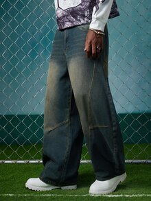 EVRINFINITE 1pc Men's Distressed Vintage Wash Loose Fit Patchwork Design Straight Leg Jeans (Belt And Accessories Not Included) - Blue Gray - View 5