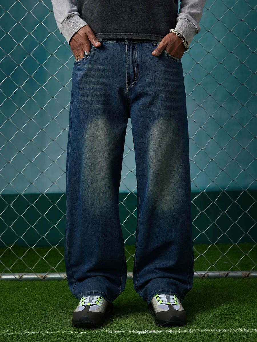 EVRINFINITE Celana Jeans Pria Kasual Vintage Longgar dengan Kantong