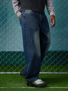 EVRINFINITE Celana Jeans Pria Kasual Vintage Longgar dengan Kantong - Medium Wash - View 5