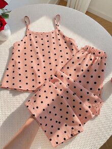 SHEIN Young Girl Young Girl Young Girl Woven Polka Dot Camisole Top & Long Pants 2 Pieces Set - Pink - View 2