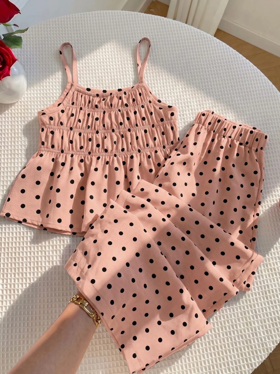 SHEIN Young Girl Young Girl Young Girl Woven Polka Dot Camisole Top & Long Pants 2 Pieces Set - Pink - View 1