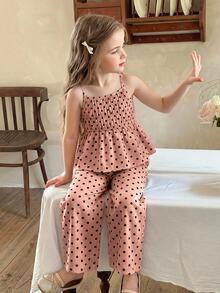 SHEIN Young Girl Young Girl Young Girl Woven Polka Dot Camisole Top & Long Pants 2 Pieces Set - Pink - View 8