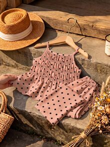 SHEIN Young Girl Young Girl Young Girl Woven Polka Dot Camisole Top & Long Pants 2 Pieces Set - Pink - View 4