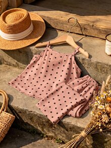 SHEIN Young Girl Young Girl Young Girl Woven Polka Dot Camisole Top & Long Pants 2 Pieces Set - Pink - View 3