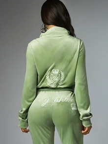 BABYPHAT Velour Cropped Track Top Full Zip Long Sleeve Embroidered Logo Crown Sheild Retro Y2K Style - Green - View 2