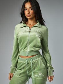BABYPHAT Velour Cropped Track Top Full Zip Long Sleeve Embroidered Logo Crown Sheild Retro Y2K Style - Green - View 5