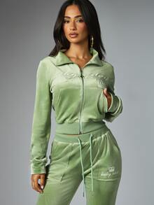 BABYPHAT Velour Cropped Track Top Full Zip Long Sleeve Embroidered Logo Crown Sheild Retro Y2K Style - Green - View 1