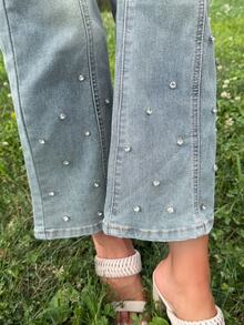 Sydney Algeri Celana Jeans Wanita Model Flare Gaya Korea dengan Hiasan Rhinestone, Model Petite Kasual - Biru - View 3