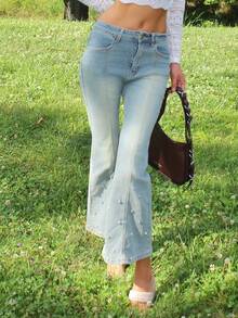Sydney Algeri Celana Jeans Wanita Model Flare Gaya Korea dengan Hiasan Rhinestone, Model Petite Kasual - Biru - View 7