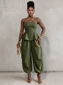 BamGlimmer 女款性感休閒優雅縮褶抹胸上衣與慢跑褲兩件套，橄欖綠夏季度假夜出約會花園派對裝 - 軍綠色 - 查看 2