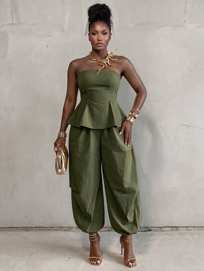 BamGlimmer Women's Sexy Elegant Shirred Bandeau Top And Jogger Pants 2 Pieces Set Vacation Night Out Olive Green Summer