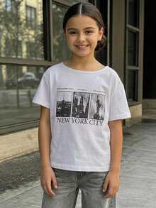 DAZY Asymmetrical Shoulder Design Printed Short Sleeve Tween Girls T-Shirt - White - View 2