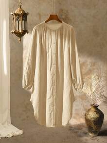 Rusticease Women's Casual Vacation Style Solid Color Lantern Sleeve Single-Breasted Loose Dress, Spring/Autumn Long Blouses For Women Button Down Shirt - Apricot - View 4
