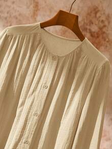 Rusticease Women's Casual Vacation Style Solid Color Lantern Sleeve Single-Breasted Loose Dress, Spring/Autumn Long Blouses For Women Button Down Shirt - Apricot - View 6