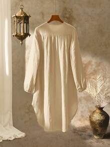 Rusticease Women's Casual Vacation Style Solid Color Lantern Sleeve Single-Breasted Loose Dress, Spring/Autumn Long Blouses For Women Button Down Shirt - Apricot - View 2