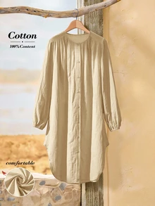Rusticease Women's Casual Vacation Style Solid Color Lantern Sleeve Single-Breasted Loose Dress, Spring/Autumn Long Blouses For Women Button Down Shirt - Apricot - View 7