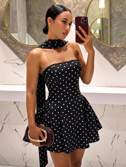 Slaydiva Nuevo vestido mini de estilo francés sin tirantes con lunares y corte A para mujer, para fiesta, cumpleaños, cóctel, Día de San Valentín, Halloween, Navidad, boda y uso diario