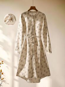 Rusticease Elegant Cottage Core Vintage Ditsy Floral Mid-Length Dress For Women,Beige Floral Autumn Long Sleeve French Style Picnic Brunch Casual Party Outfit - Multicolor - View 5