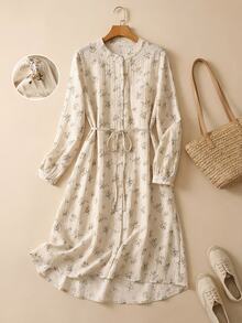 Rusticease Elegant Cottage Core Vintage Ditsy Floral Mid-Length Dress For Women,Beige Floral Autumn Long Sleeve French Style Picnic Brunch Casual Party Outfit - Multicolor - View 2