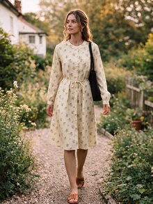 Rusticease Elegant Cottage Core Vintage Ditsy Floral Mid-Length Dress For Women,Beige Floral Autumn Long Sleeve French Style Picnic Brunch Casual Party Outfit - Multicolor - View 4