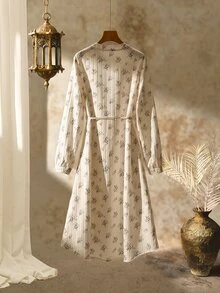 Rusticease Elegant Cottage Core Vintage Ditsy Floral Mid-Length Dress For Women,Beige Floral Autumn Long Sleeve French Style Picnic Brunch Casual Party Outfit - Multicolor - View 3