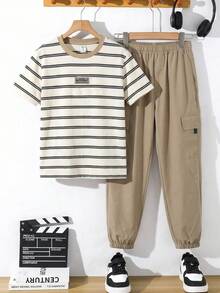 2pcs/Set Tween Boys Casual Comfortable Versatile Striped Print Pattern Short Sleeve Top And Solid Color Long Pants Set - Multicolor - View 4