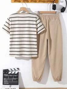 2pcs/Set Tween Boys Casual Comfortable Versatile Striped Print Pattern Short Sleeve Top And Solid Color Long Pants Set - Multicolor - View 3