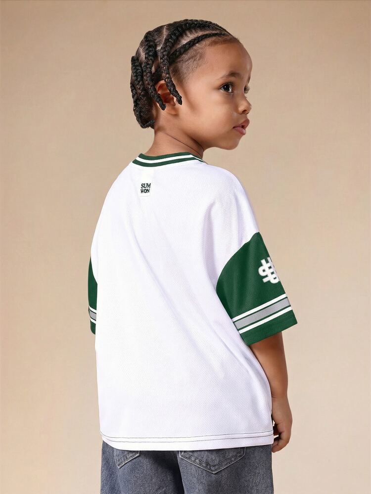 SUMWON Oversized Boys Green White Basketball Jersey Shirt With Psalm 23 Text Print V Neck Short Sleeves Casual Sporty Top - Green - View 4