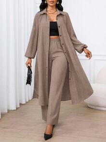 SHEIN Lady 女款素色長款晨袍與鬆緊腰長褲休閒日常兩件套 - 灰色 - 查看 1