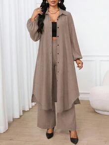 SHEIN Lady 女款素色長款晨袍與鬆緊腰長褲休閒日常兩件套 - 灰色 - 查看 3
