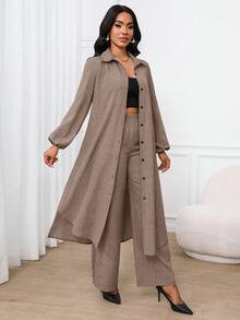 SHEIN Lady 女款素色長款晨袍與鬆緊腰長褲休閒日常兩件套 - 灰色 - 查看 6