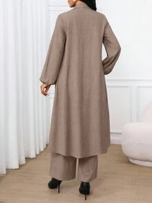 SHEIN Lady 女款素色長款晨袍與鬆緊腰長褲休閒日常兩件套 - 灰色 - 查看 2