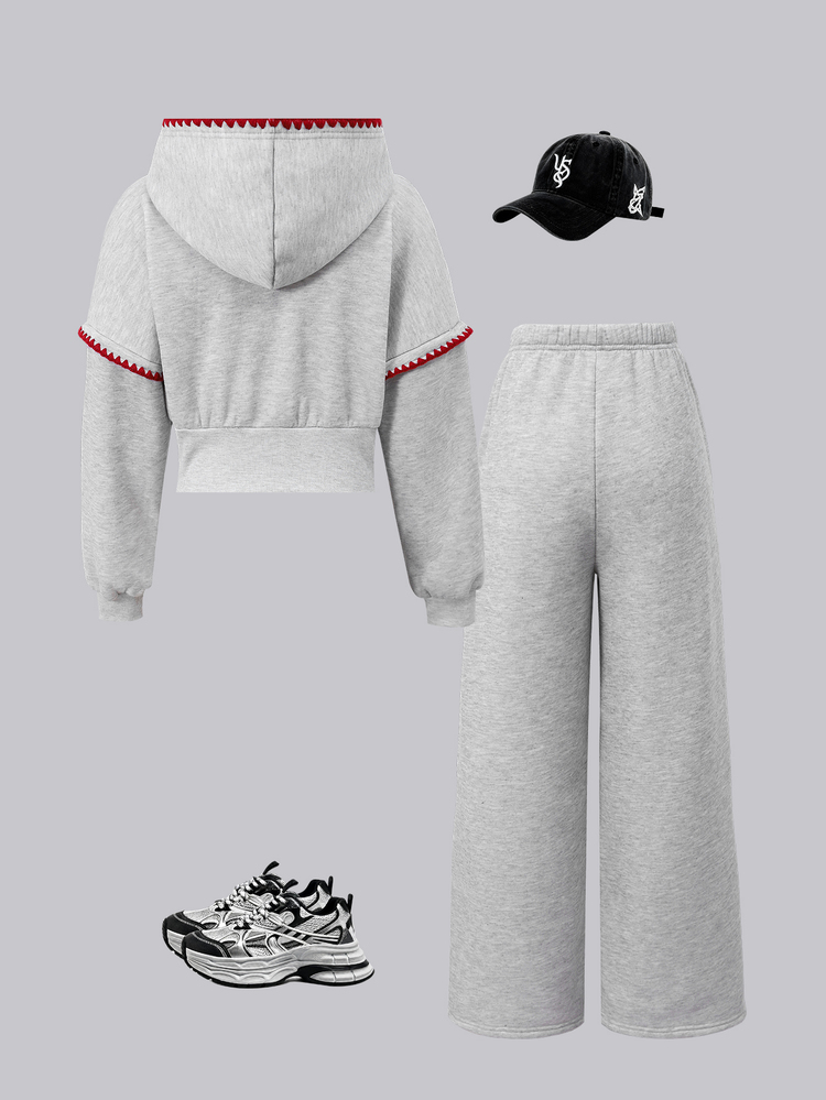SHEIN 2件組青少年女孩馬術刺繡連帽拉鍊開襟衫，落肩設計，收腰剪裁 - 灰色 - 查看 2
