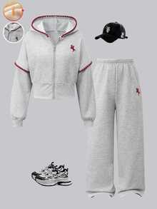 SHEIN 2pcs/Set Teen Girls Equestrian Embroidered Hooded Zip-Up Cardigan With Dropped Shoulders, Cinched Waist - Grey - View 3