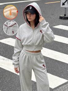 SHEIN 2pcs/Set Teen Girls Equestrian Embroidered Hooded Zip-Up Cardigan With Dropped Shoulders, Cinched Waist - Grey - View 4