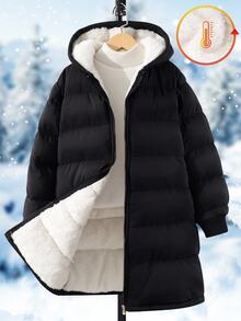 SHEIN Tween Girls Black Zip Up 1pc Tween Girl Mid-Length Long Sleeve Padded Coat, Plush Lining, Comfortable & Warm, Solid Color Outerwear Fall Winter - Black - View 4