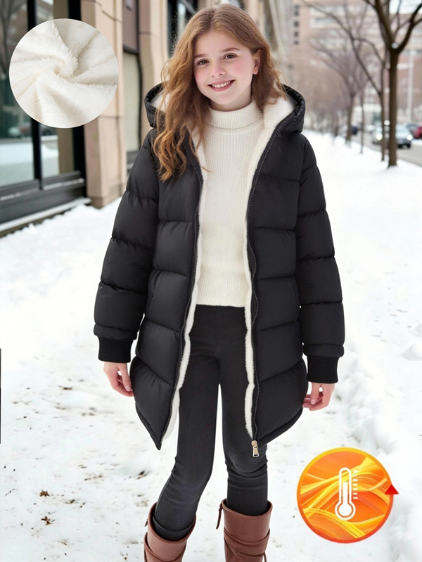 SHEIN 1 pieza Abrigo acolchado de manga larga y largo medio para niña preadolescente, forro de felpa, cómodo y cálido, prenda exterior de unicolor