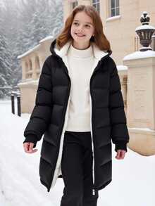 SHEIN Tween Girls Black Zip Up 1pc Tween Girl Mid-Length Long Sleeve Padded Coat, Plush Lining, Comfortable & Warm, Solid Color Outerwear Fall Winter - Black - View 3