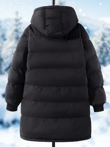 SHEIN Tween Girls Black Zip Up 1pc Tween Girl Mid-Length Long Sleeve Padded Coat, Plush Lining, Comfortable & Warm, Solid Color Outerwear Fall Winter - Black - View 2