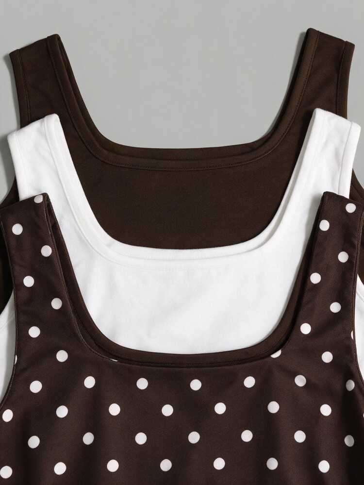 SHEIN Girlism Tween Girl Tank Tops Camis Solid Color Polka Dot Square Neck Ruched Waist Fitted Set School White Black And White Leopard Print,3 Random Piece - Multicolor - View 4