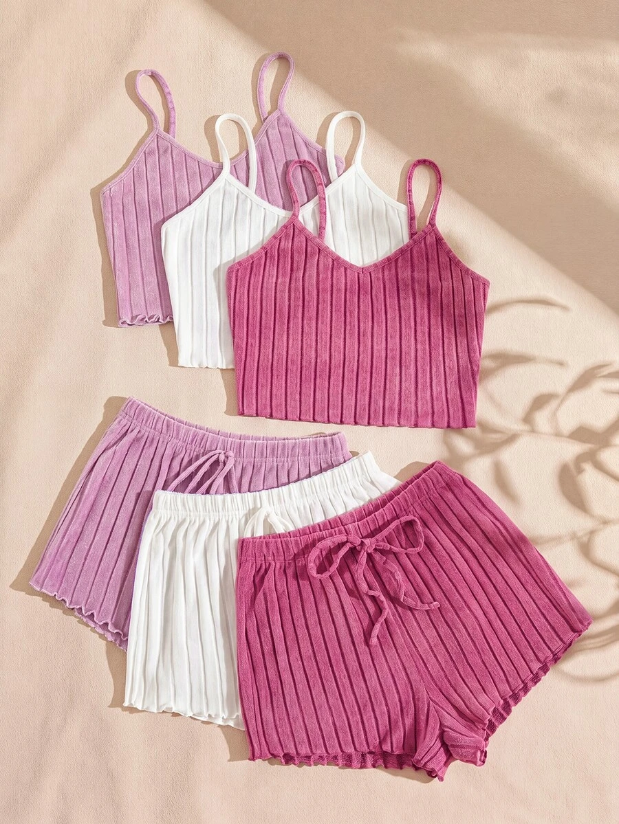 Lullawish 3 件套女士细肩带露背吊带上衣和抽绳腰短裤睡衣套装休闲套装 - 彩色 - 查看 1