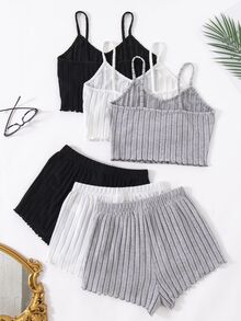 Lullawish Set de 3 conjuntos de pijama de top tipo camiseta y pantalón corto de unicolor para mujer, conjunto de ropa de descanso - Multicolor - Ver 2