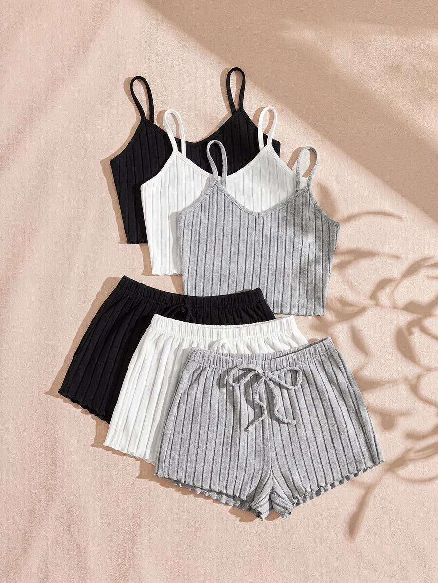 Lullawish Set de 3 conjuntos de pijama de top tipo camiseta y pantalón corto de unicolor para mujer, conjunto de ropa de descanso - Multicolor - Ver 1