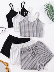 Lullawish Set de 3 conjuntos de pijama de top tipo camiseta y pantalón corto de unicolor para mujer, conjunto de ropa de descanso - Multicolor - Ver 4