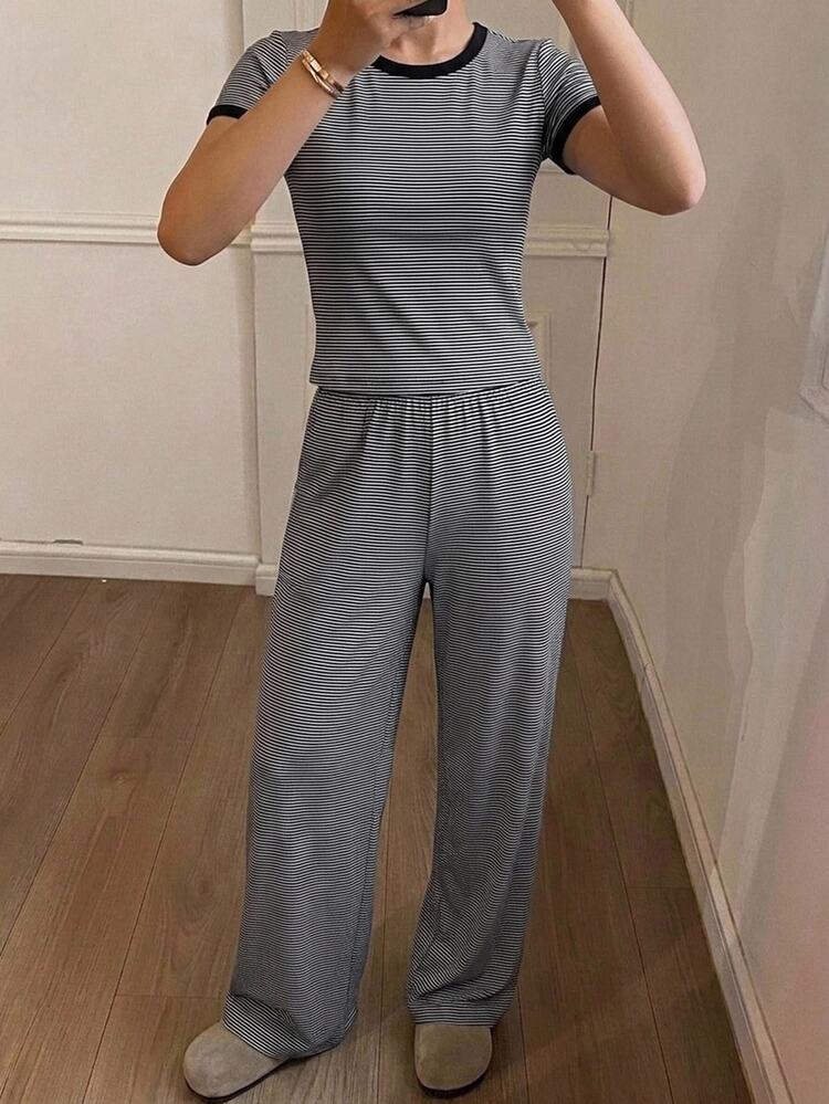 DAZY 2pcs Striped Slim Fit Short Sleeve T-Shirt & Straight Leg Long Pajama Pants Set, Summer Women's Loungewear - Dark Grey - View 6